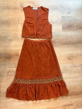 Vtg 70s 80s CBGB NY Punk Two Piece Set Rust Faux Suede Vest Maxi Skirt Boho Fest